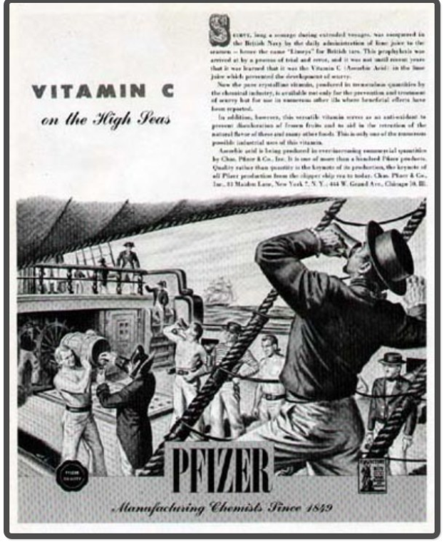 Werbeposter für Pfizer Vitamin C auf einem Schiff, das Text und Bilder von Menschen, Seilen und einem Boot zeigt.