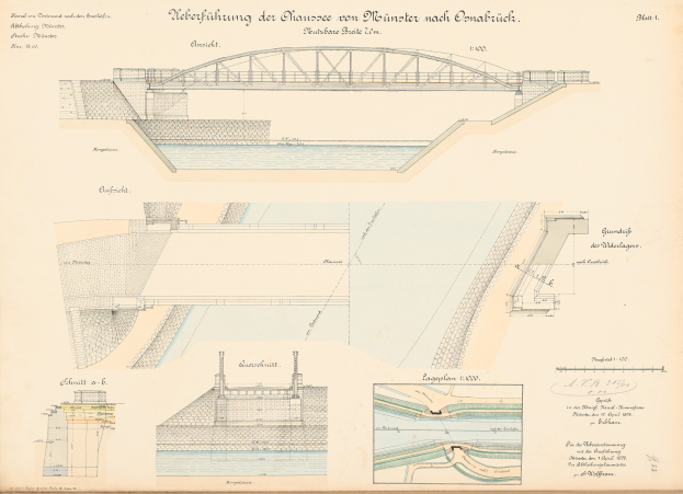 Alte Buchseite mit detaillierten Zeichnungen und Text, die eine Brücke unter Bau zeigen, einschließlich einer Darstellung eines Damms.