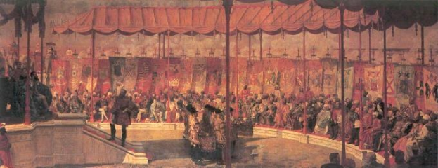 Gemälde einer großen Theaterkulisse mit stehenden und sitzenden Menschen, sichtbaren Pfählen, Vorhängen und Boden im Hintergrund, das eine Opernpublikum zeigt, das auf eine Vorstellung wartet.