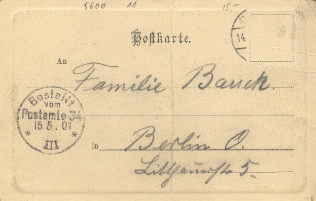 Alte deutsche Familienskarte von Berlin mit einem Wert von 600 US-Dollar, mit Text und einem aufgeklebten Stempel.