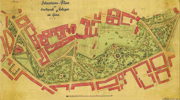 Alte Karte von Stuttgart, Deutschland, mit einer grünen Grenze, zeigt detaillierte Gebäude, Straßen und Text einschließlich Bevölkerung, Lage und Geschichte.