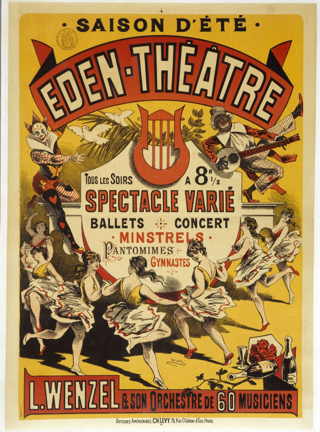 Plakat für das Eden Theatre in Paris mit einer lebendigen Illustration von tanzenden Menschen in einem Kreis, mit fetter 'Eden Theatre'-Überschrift oben und einem hellgelben Hintergrund.