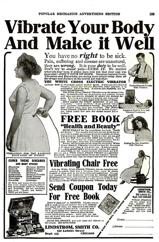 Plakatwerbung mit dem Spruch "Vibriere deinen Körper und mache ihn gesund" mit einer Frau in einem weißen Kleid mit einem gemusterten Schultertuch, verschränkten Armen, selbstbewusstem Gesichtsausdruck und einem Dutt.