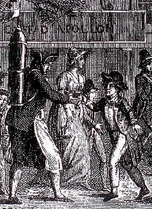 Schwarz-weiß-Zeichnung einer Gruppe verängstigter Menschen, die eine Straße entlanglaufen und an einem Gebäude vorbeikommen, mit der Beschriftung "Victorian riots in London" unten.