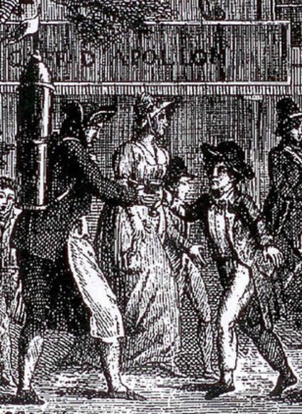 Schwarz-weiß-Zeichnung einer Gruppe verängstigter Menschen, die eine Straße entlanglaufen und an einem Gebäude vorbeikommen, mit der Beschriftung "Victorian riots in London" unten.