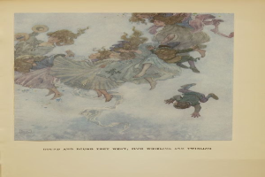 Ein Buchumschlag mit einer Zeichnung von Kindern, die in der Luft fliegen, und einem menschlichen Gesicht in der Mitte sowie Text unten.