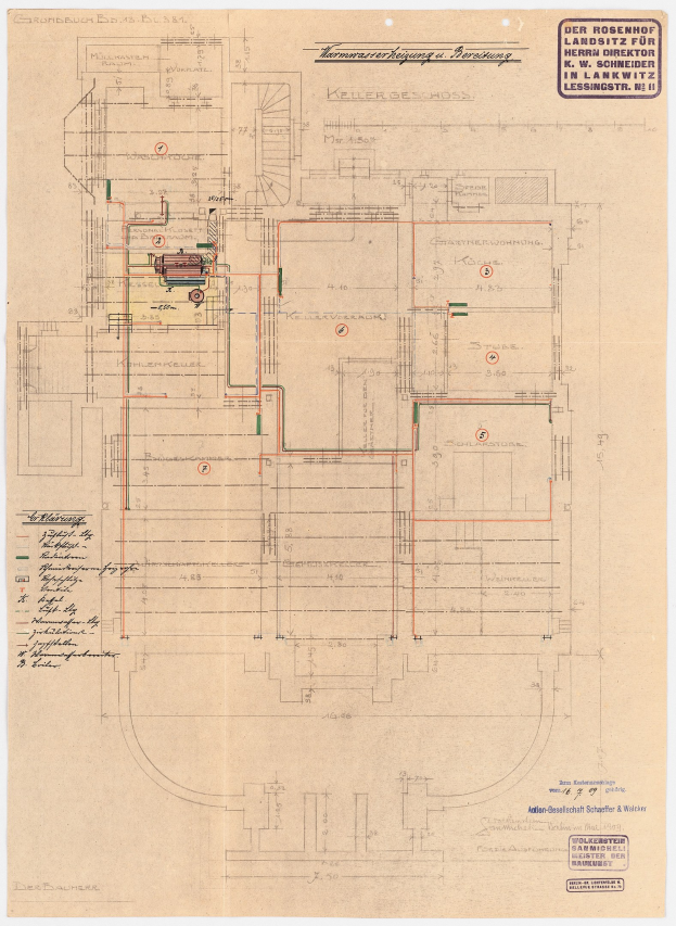 Ein detailliertes architektonisches Zeichnung des Rosenhof-Krankenhauses in Hamburg, Deutschland, mit zahlreichen Drähten und Text, der den Aufbau beschreibt, einschließlich Räumen, Fluren und anderen Merkmalen.