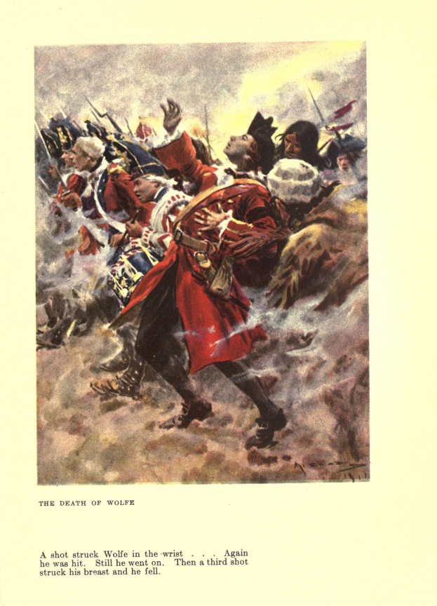 Ein Plakat mit der Aufschrift "Der Tod von Wolfe", das eine Gruppe von besorgten Menschen in gedämpften Farben zeigt, einige schauen ängstlich nach oben und andere traurig nach unten.