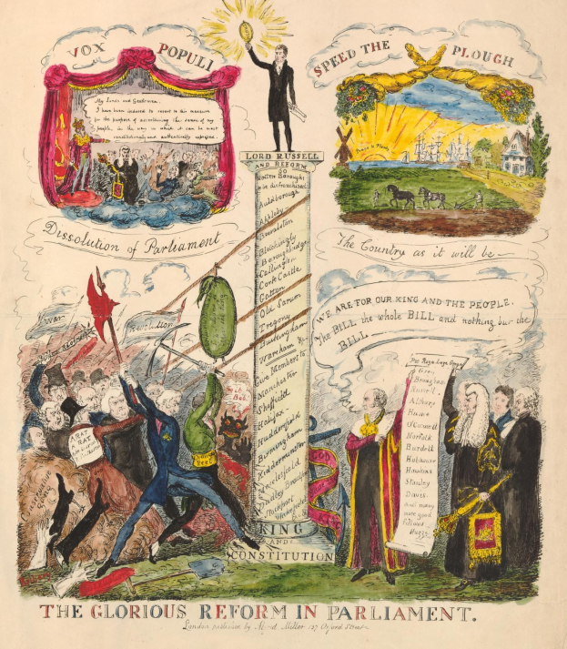 Ein buntes illustriertes Dokument mit der Überschrift "Die glorreiche Reform im Parlament", das fette Schrift und verschiedene lächelnde Menschen zeigt, die Fortschritt und Hoffnung symbolisieren.