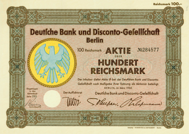 Alte deutsche Banknote mit einer Vogeldarstellung, ausgestellt von Deutsche Bank und Disconto-Gesellschaft Berlin.