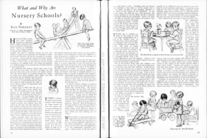 Offenes Buch mit einer Zeichnung von spielenden Kindern in einer Kita, mit Text, Bildern der Kinder und einer Tabelle mit Gegenständen.