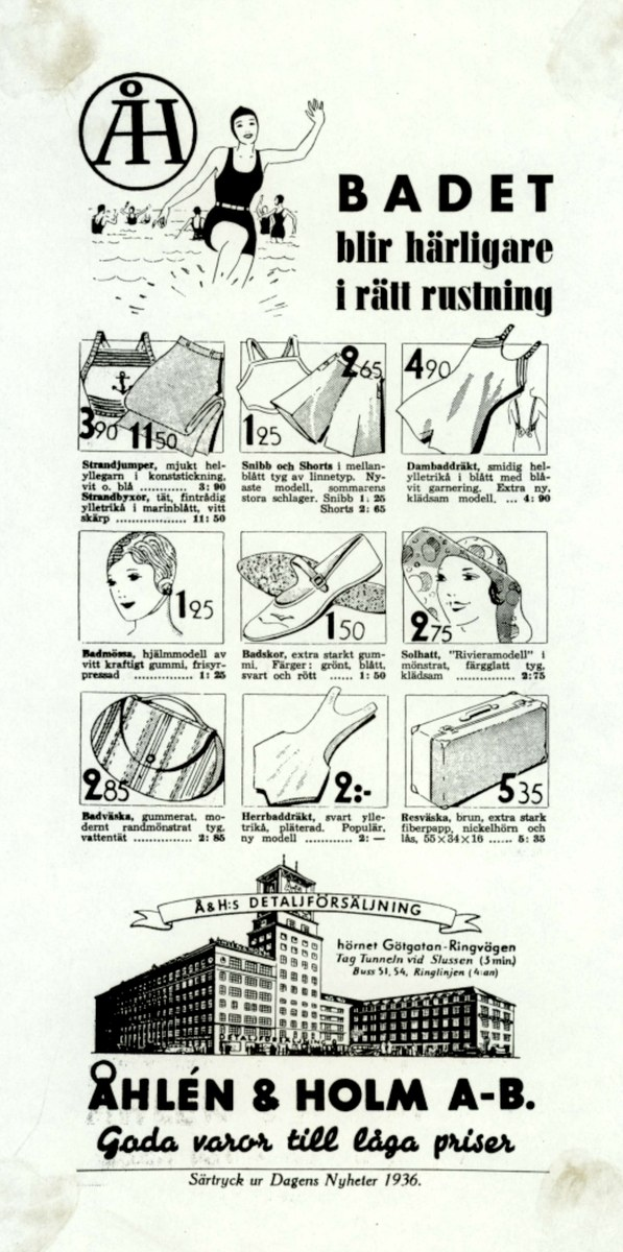 Anzeige mit einer Frau in einem wei├čen Bikini mit blauen und wei├čen Streifen, die Haare zu einem Pferdeschwanz gebunden, direkt in die Kamera schauend, umgeben von Bildern von Menschen, modernen Hochh├Ąusern und fetter Schrift.