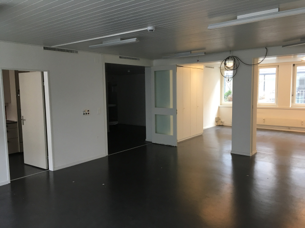 Leerer Raum mit schwarzen Böden und weißen Wänden, der elektrische Lampen, Kabel, Türen, Schränke und Fenster zur Aussicht auf Gebäude und Bäume in einem Büroraum in Amsterdam zeigt.