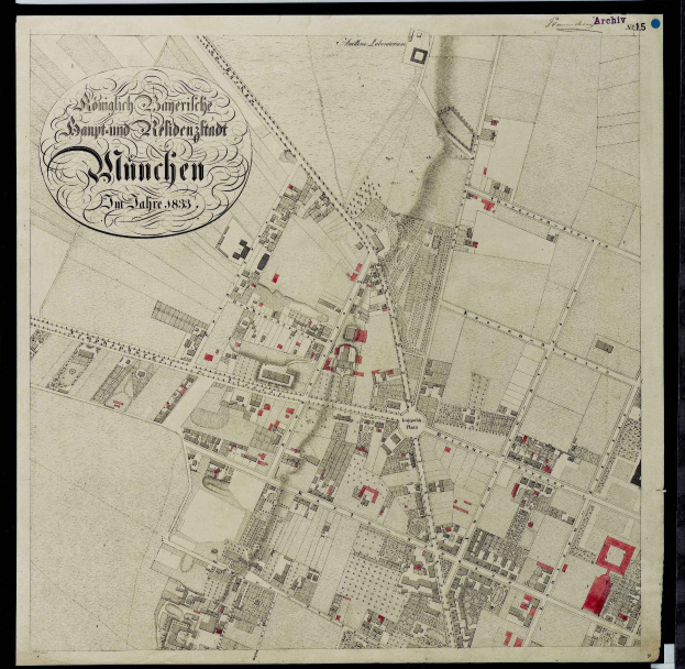 Alte Karte von München, Deutschland, schwarz umrandet, zeigt Straßen, Gebäude und Sehenswürdigkeiten im Detail.