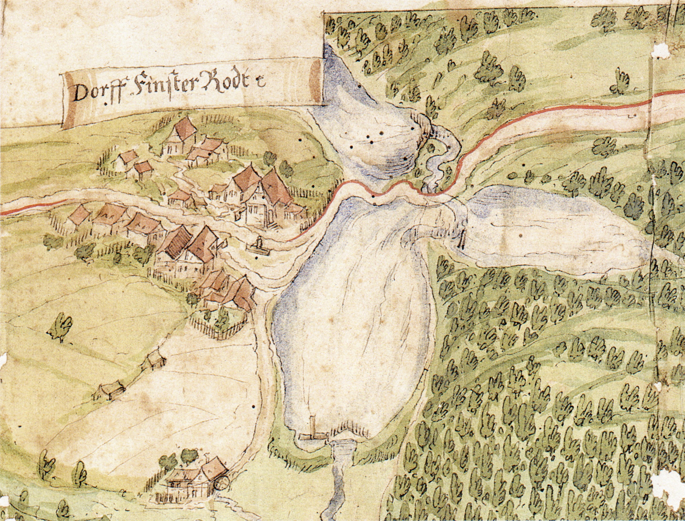 Alte Karte einer Kleinstadt mit einem Fluss, Häusern, Bäumen, Gras und Text auf altem Papier.