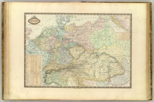 Ein altes Buch ist geöffnet und zeigt eine detaillierte Landkarte von Deutschland mit seinen Provinzen und Städten.