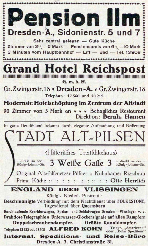 Schwarze und weiße Anzeige für eine Pension in Dresden, Deutschland, mit Text auf weißem Hintergrund.