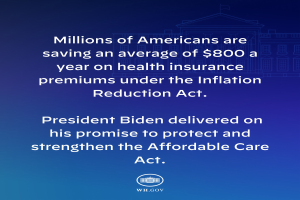 Ein blauer Hintergrund mit dem Text "Millionen von Amerikanern sparen durchschnittlich 800 USD jährlich auf den Gesundheitsversicherungsprämien unter dem Inflation Reduction Act" und einem Logo.