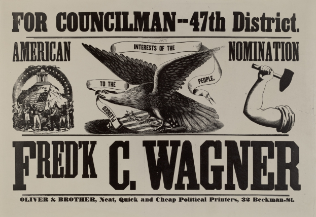 Plakat für die amerikanischen Nominierungen des Stadtrats-47. Bezirk mit einem Adler, einer Hand, die einen Hammer hält, und dem Namen "Fred C Wagner" oben.