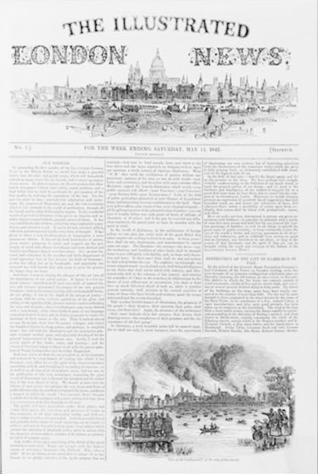 Titelseite der Illustrated London News vom 11. Mai 1862, die eine Schwarz-Weiß-Stadtansicht mit einer großen Menschenmenge, einem hellblauen Himmel und einer großen weißen Schlagzeile zeigt.