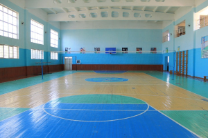 Großer Turnhalle mit blau-weißem Boden, Basketballfeldmarkierungen, einem Netz an Stangen, einer Tür, Fenstern, Postern an den Wänden, einem Geländer und einer sichtbaren Dachkonstruktion.