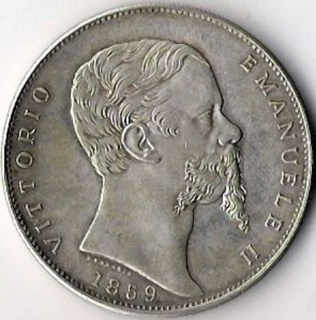 Eine Silbermünze aus Italien aus dem Jahr 1859 mit dem Bild eines bärtigen Mannes und der Inschrift "Vittorio Emanuele II".