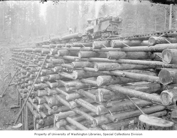 Schwarzes und weißes Foto eines Holzfäller-Lkw, der neben einem Holzstapel in einem bewaldeten Gebiet geparkt ist, mit Menschen auf den Holzstämmen und Bäumen im Hintergrund.