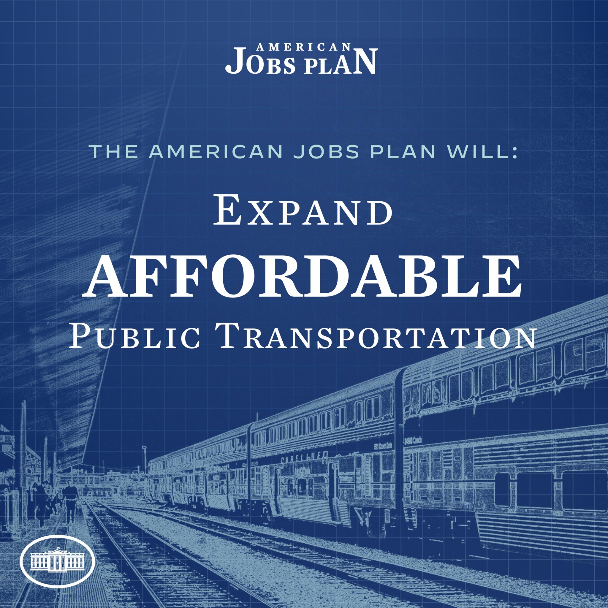 Plakat mit einem Zug auf Eisenbahnschienen mit mehreren Menschen in der Nähe, das "The American Jobs Plan Will Expand Affordable Public Transportation" bewirbt.