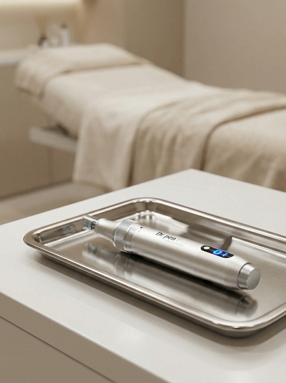 Professionelles Microneedling-Gerät auf einem sterilen Tablett in einem modernen Kosmetikstudio vorbereitet.