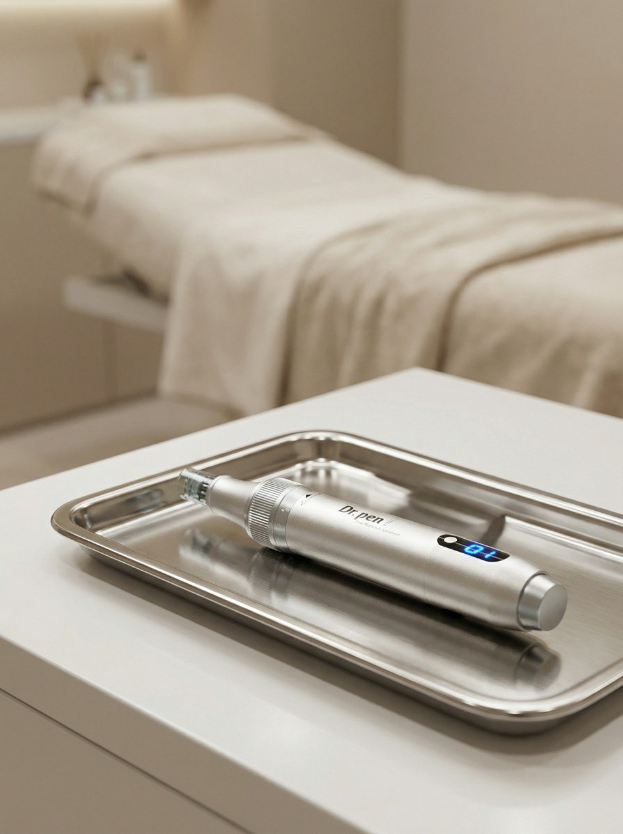 Professionelles Microneedling-Gerät auf einem sterilen Tablett in einem modernen Kosmetikstudio vorbereitet.