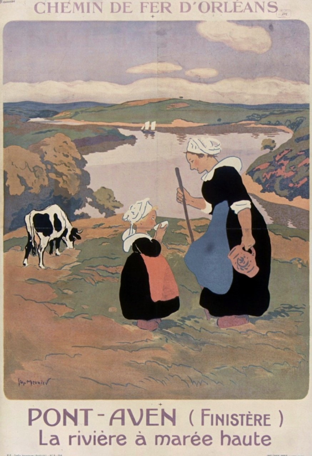 Plakat, das eine Farm in Frankreich mit zwei Frauen und einer Kuh bewirbt, mit Text, der die Szene beschreibt.