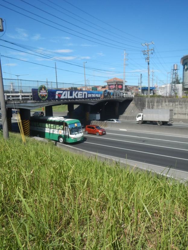 Ein grüner Bus fährt auf einer Autobahn neben hohem Gras, mit einer Brücke, Strommasten mit Drähten, Gebäuden und einem wolkenverhangenen Himmel im Hintergrund.