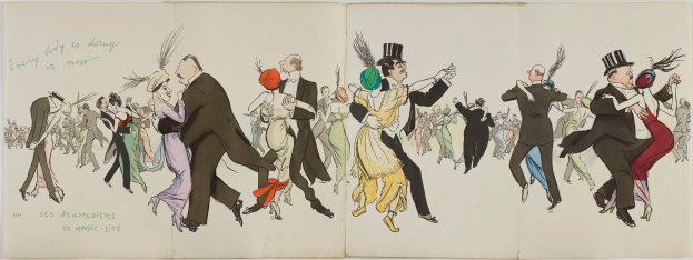 Ein aufgeschlagenes Buch mit einer Zeichnung von Menschen in bunten Kostümen, die unter einem klaren blauen Himmel mit weißen Wolken tanzen, mit dem Text 'Les Vendredières de Magic City' auf der linken Seite.