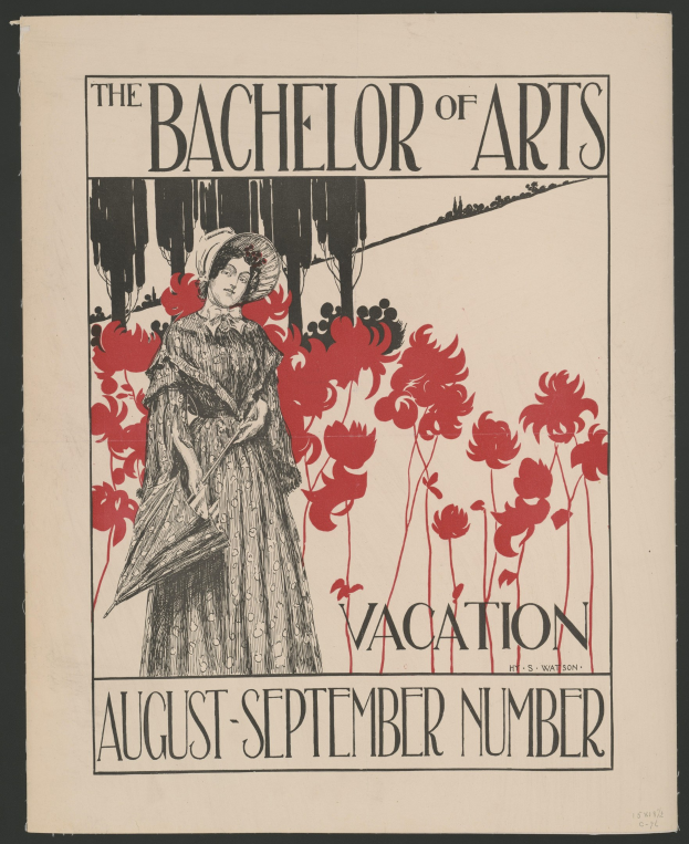 Plakat mit schwarzem Hintergrund, das eine Frau in einem weißen Kleid mit einer blauen Stola und einem weißen Hut zeigt, die in einem Feld gelber Blumen unter einem blauen Himmel steht, Text lautet "The Bachelor of Arts Vacation August-September Number" in weißer Schrift mit goldenem Rand.