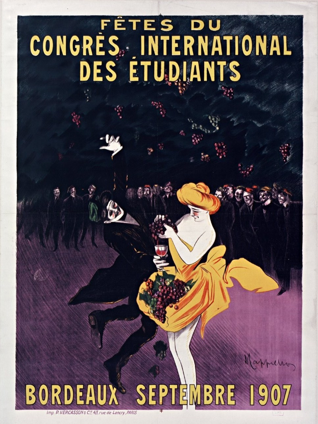 Plakat aus dem Jahr 1907 für eine Weinprobe in Bordeaux, Frankreich, mit einer Frau in gelbem Kleid, die ein Weinglas hält, umgeben von einer Gruppe von Menschen, mit Text auf dem Plakat.