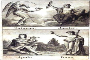 Ein Plakat mit drei Planeten, Saturn, Jupiter und Apollo, jeweils mit einem menschlichen Gesicht, begleitet von beschreibendem Text.