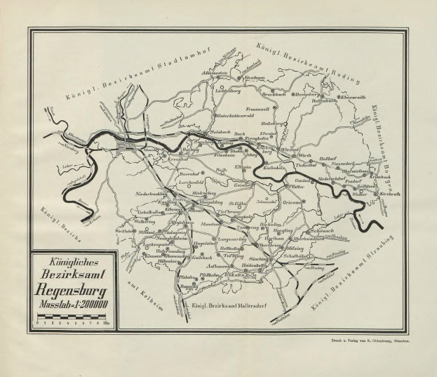 Schwarz-weiß-Karte von Regensburg, Deutschland, zeigt Straßen, Gebäude und Sehenswürdigkeiten.