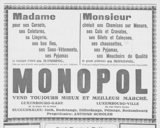 Schwarze und weiße Zeitungsanzeige für das Monopoly Brettspiel mit Text, der die Funktionen beschreibt.