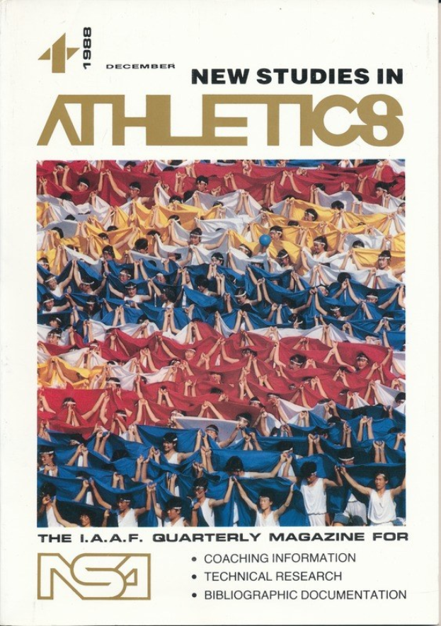 Buchumschlag mit dem Titel "Neue Studien im Leichtathletik 1988", der eine Gruppe von Athleten in Trainingskleidung zeigt, vor einem hellblauen Himmel und Bäumen im Hintergrund.