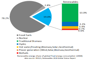 Eine Kreisdiagrammdarstellung des globalen erneuerbaren Energieverbrauchs im Jahr 2008, unterteilt in Abschnitte für fossile Brennstoffe, Kernenergie, Wasserkraft, Warmwasser, Heizung, Biomasse, Solarenergie, Geothermie und Biokraftstoffe, mit begleitendem Text.