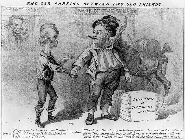 Schwarz-weißer Cartoon von zwei alten Charakteren, die sich an den Händen halten, mit der Bildunterschrift "Der traurige Abschied von zwei alten Freunden."