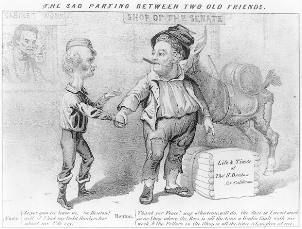 Schwarz-weißer Cartoon von zwei alten Charakteren, die sich an den Händen halten, mit der Bildunterschrift "Der traurige Abschied von zwei alten Freunden."