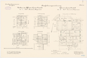 Schwarz-weißer architektonischer Grundriss des ehemaligen Bundeskanzleramts, zeigt detaillierte Planung mit Text und Zeichnungen.