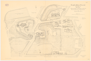 Ein altes Stadtplan von München, Deutschland, mit zahlreichen Gebäuden und begleitendem Text.