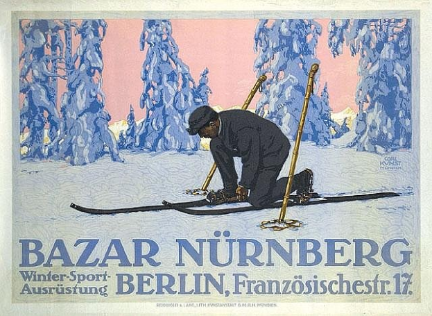 Plakat für Bazar Nürnberg Winter Sport in Berlin, Deutschland, das eine Person beim Skifahren mit Bäumen im Hintergrund und Text auf dem Plakat zeigt.