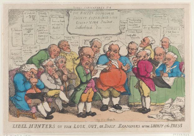 Eine Gruppe von Menschen, die um einen Tisch sitzen, einer hält ein Papier in der Hand, mit verstreuten Papieren und Gegenständen auf dem Tisch und Text unten mit der Aufschrift "Libel Hunters on the Look Out, or Daily Examiners of the Liberty of the Press".