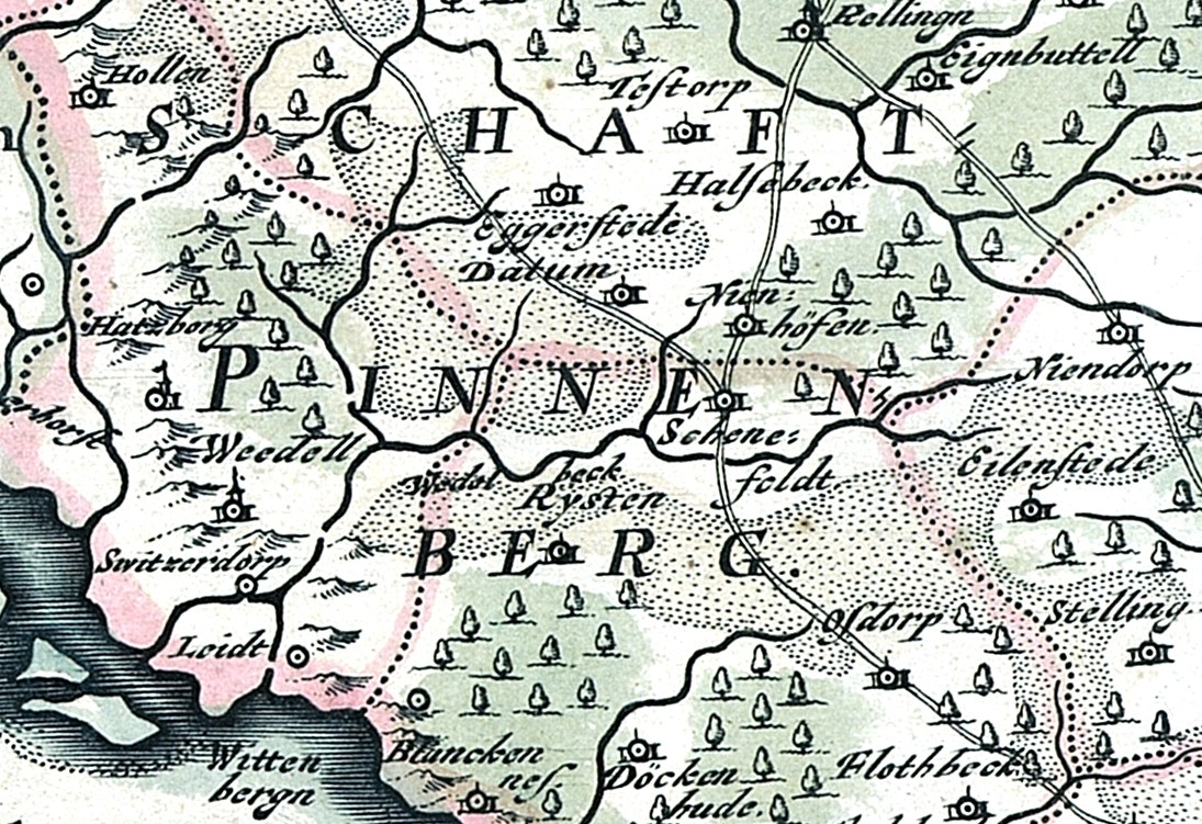 Ausführliche alte Karte von Painen, Deutschland, zeigt Straßen, Gebäude, Sehenswürdigkeiten und Text mit zusätzlicher Stadtinformation.