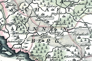 Ausführliche alte Karte von Painen, Deutschland, zeigt Straßen, Gebäude, Sehenswürdigkeiten und Text mit zusätzlicher Stadtinformation.