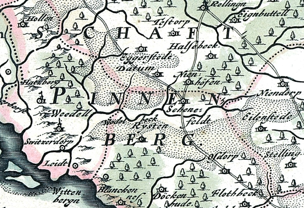 Ausführliche alte Karte von Painen, Deutschland, zeigt Straßen, Gebäude, Sehenswürdigkeiten und Text mit zusätzlicher Stadtinformation.
