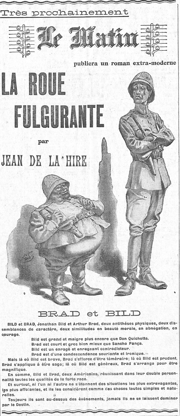 Old newspaper advertisement featuring two men in military attire holding guns, with text describing the scene.